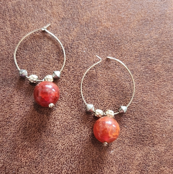 Jewelry - Gold Hoop Earrings With Coral Red Beads
